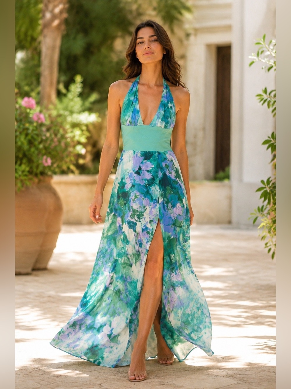Silk Custom Made Teal Floral Halter Maxi Dress size S